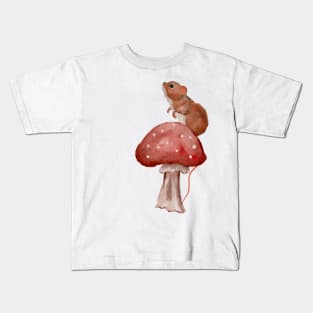 Cute Baby Mouse on Redcap Mushroom Watercolor Kids T-Shirt